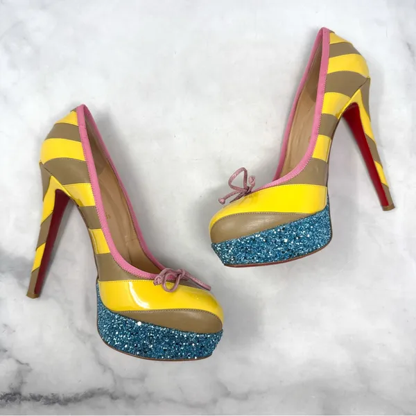 Christian Louboutin Foraine 140 Bow Striped Leather Glitter Platform Pumps Heels - Image 8