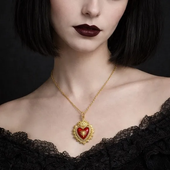 NEW Gold Plated Sacred Heart Rhinestone Sunburst Statement Necklace Valentine - Image 3