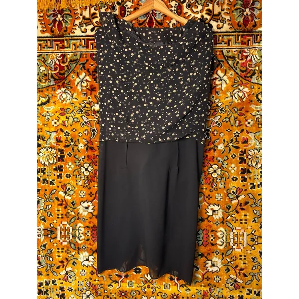 Vintage 100% Silk Black Cream Polka Dot Flutter Sleeve Midi Dress Size 8 - Image 9