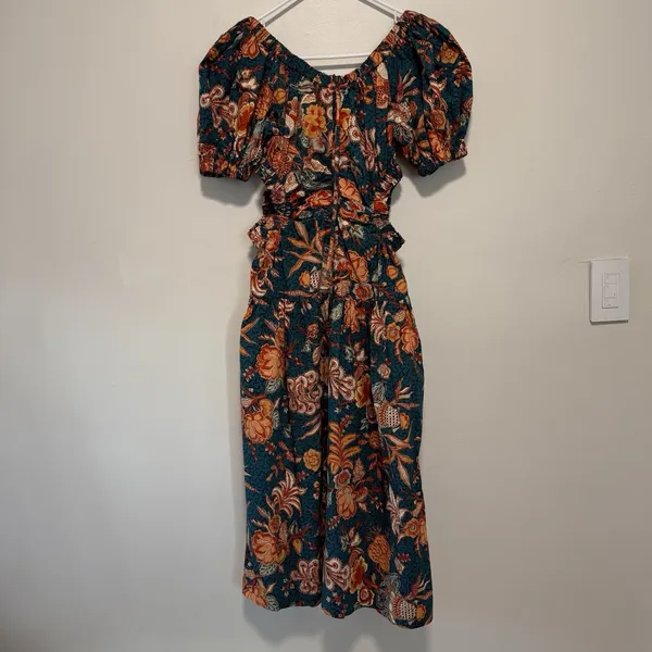 Ulla Johnson Golda Orange Floral-Print Cut-Out Cotton-Poplin Midi Dress‎ - Image 7