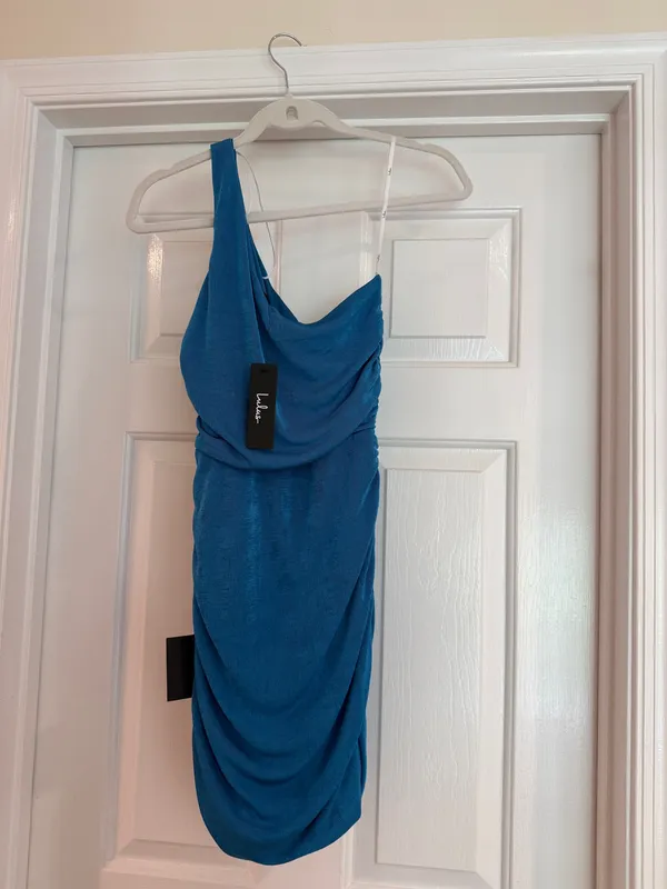 Lulu’s Sultry Arrival Blue One-Shoulder Bodycon Mini Dress - Image 3