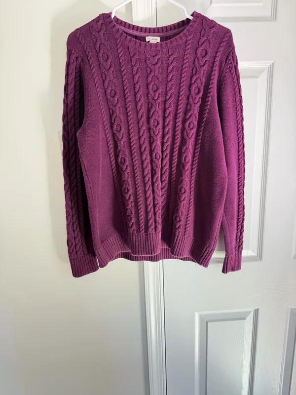 LL Bean Sweater Womens XL Purple 100% Cotton Cable Knit Crewneck Pullover Preppy - Image 3
