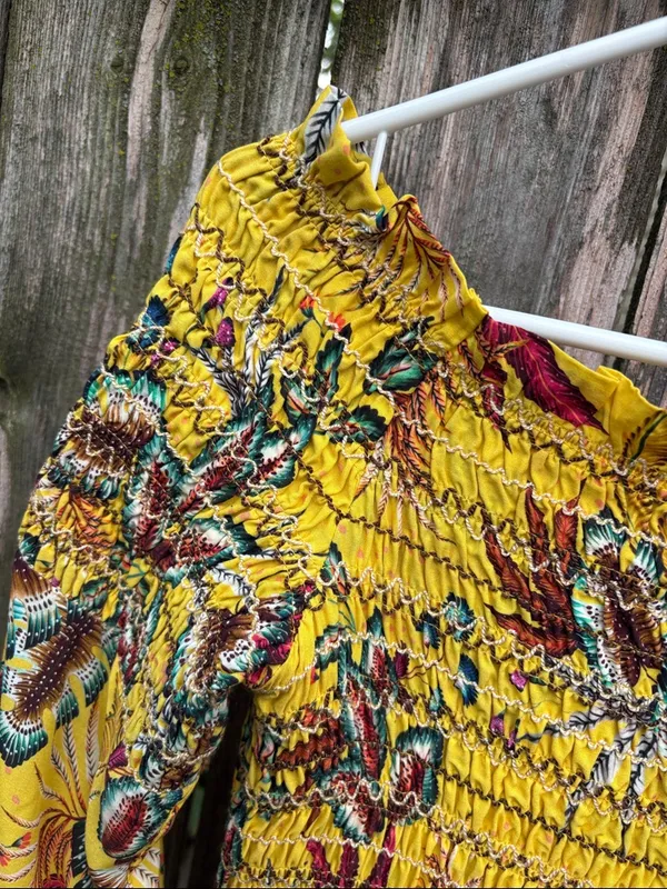 EUC Anthropologie FARM Rio Bria Smocked Yellow Floral Dress Size Small - Image 5