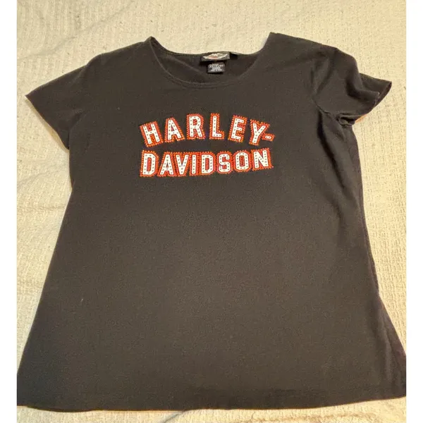Harley-Davidson Rhinestone Logo Black Short Sleeve Tee Women's Large - Image 6