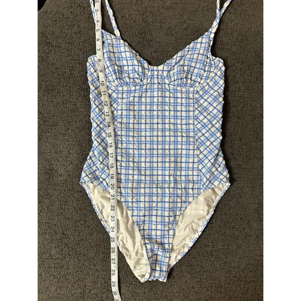 Tory Burch Check Plaid Gingham Swimsuit size M Underwire Blue White Seersucker - Image 9