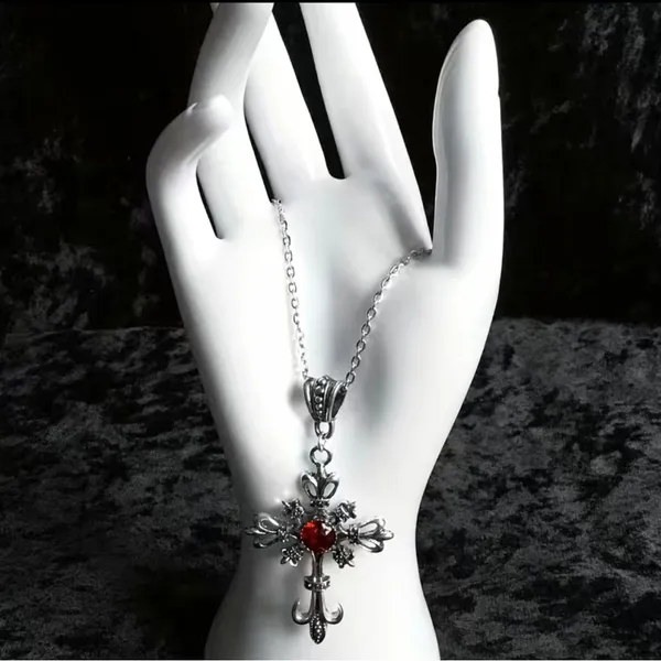 Ruby cross silver‎ tone pendant necklace faux fashion jewelry - Image 3