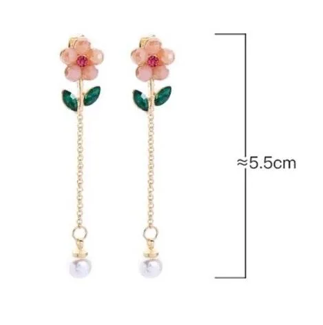 Crystal Flower Chain Tassel Pearl Drop Stud Earring Gold - Image 4