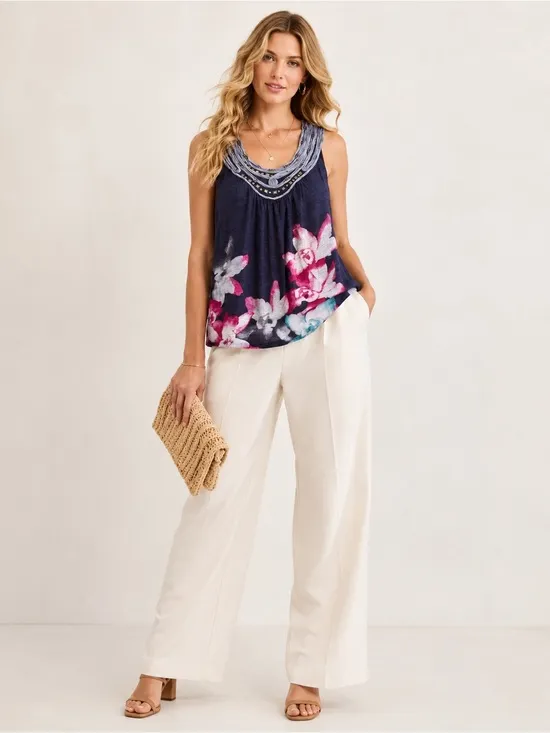 Anthropologie XS Navy Floral Tank Top Boho Beaded Scoop Neck Embellished Blouse - Image 4