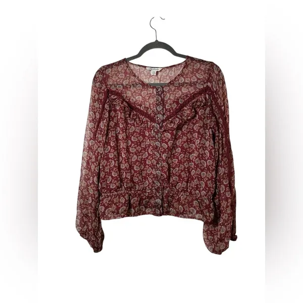 American Eagle Sheer‎ Floral Blouse Large Burgundy Long Sleeve Boho Peasant Top - Image 2