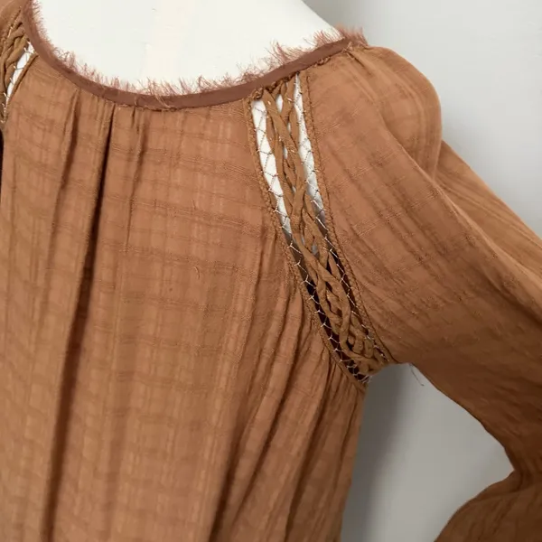 Free People Top Babydoll Embroidered Floral Braided Boho Festival Peasant Rust - Image 11