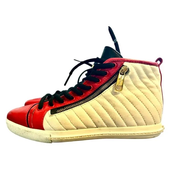 Miu Miu Prada Red White & Black Pointed Toe High Top Nappa Biker Sneakers - Image 4