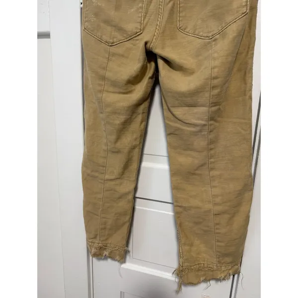 Free People Tan Distressed Utility Pants Frayed Hem Canvas Straight Leg Size 28 - Image 14