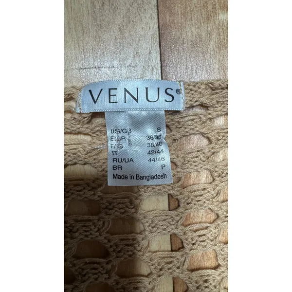 Venus Womens Tan Crochet Open Knit Short Sleeve Top with Tassel Hem Size Small‎ - Image 2