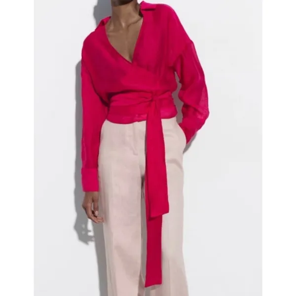 Zara Wrap Top Sz S Hot‎ Pink Semi-Sheer Collared Ballet Fairy Feminine Blouse - Image 2