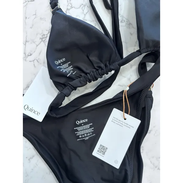 Quince Black Italian Triangle Bikini Top & High Leg Ring Bottoms Size Medium - Image 3