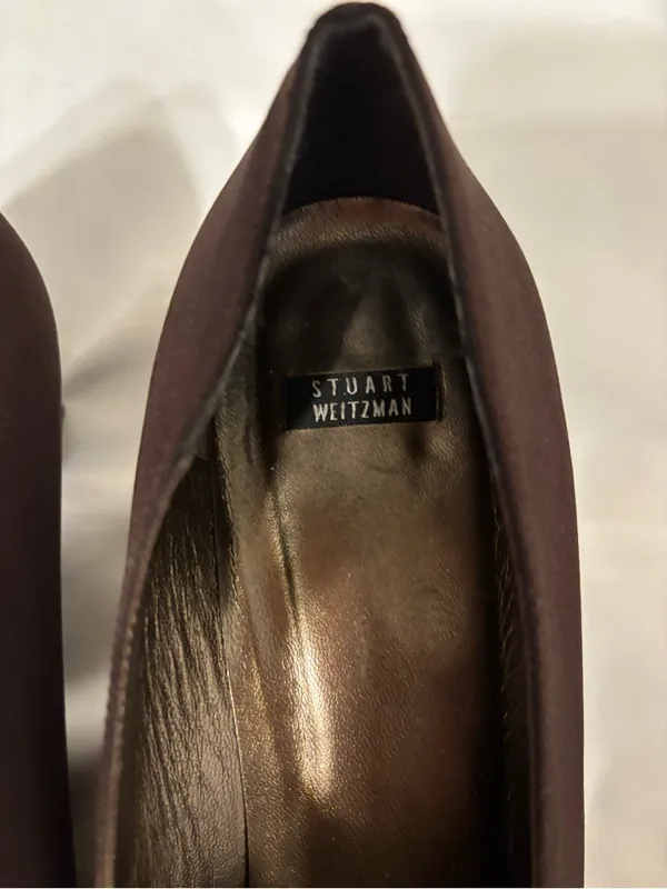 Stuart Weitzman Brown Square Toe Kitten Heel Pumps Patent Bow Women’s 11B - Image 2