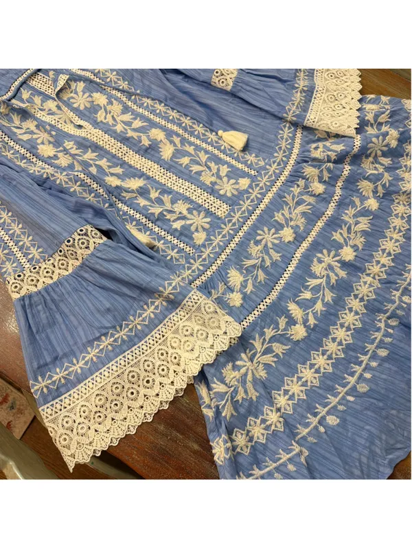 Tory Burch Light Blue Embroidered Crochet Bell Sleeve Tunic Coverup Dress Sz 6 - Image 4