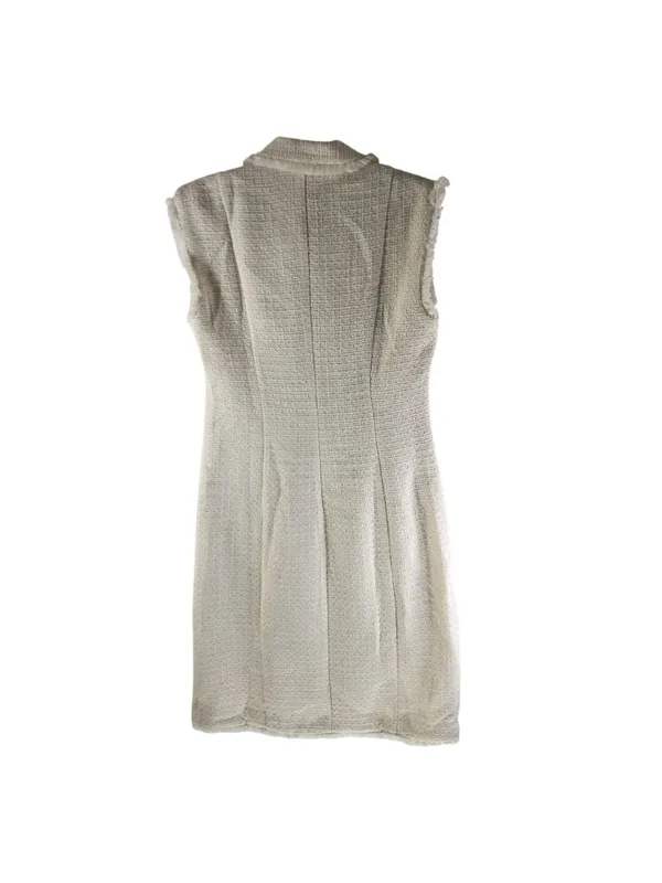 H&M Womens Cream Textured Tweed Sleeveless Dress Fringe Hem Size M Wool Blend - Image 2