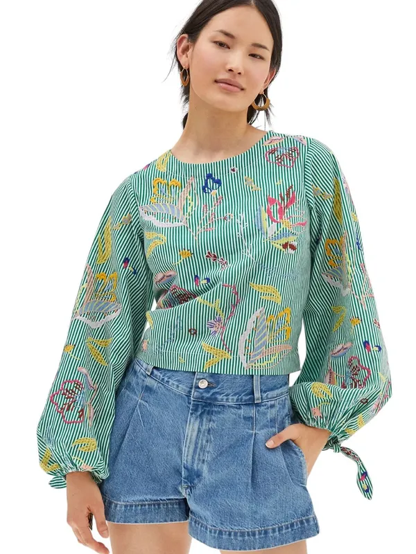 Anthropologie Maeve Embroidered Blouse Green Stripe Size XS - Image 14
