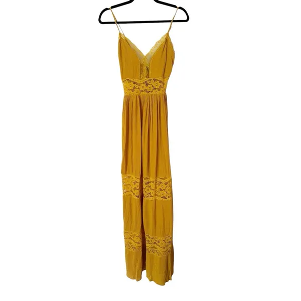 RUE 21 Mustard Yellow Gauzey Lace Maxi Dress Size Small - Image 2