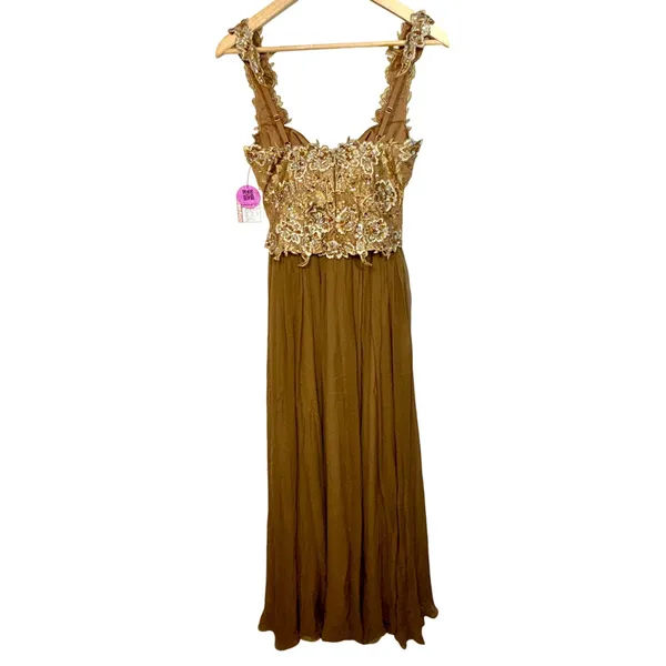 NWT Mandalay Brown Gold Lace Beaded Embellished Long Evening Gown Dress Size 8 - Image 5