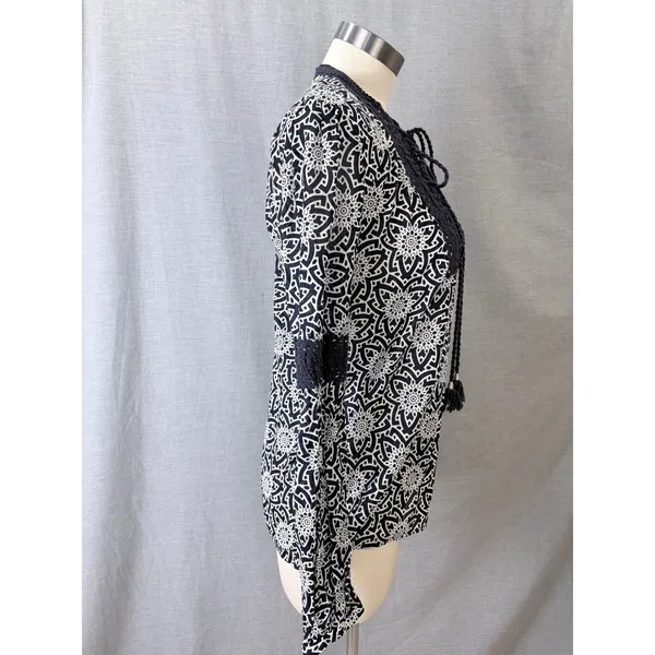 Tory Burch Navy White Geometric Crochet Tassel Blouse Size 10 Cotton Boho‎ Top - Image 3
