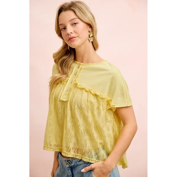 BiBi Solid Jersey With Lace Combo Ruffled Buttoned Top - Image 9