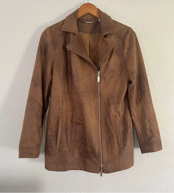 Chicos Brown Zippered Pocketed Faux Leather Suede Lined Motorcycle Jacket 4 6 - Image 2
