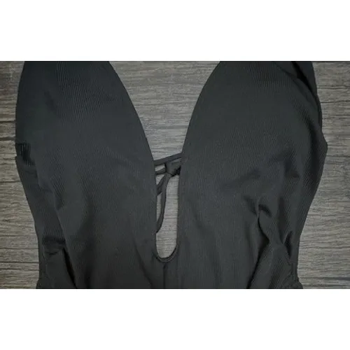 Black Plunge Tie Side‎ Ruched One Piece Swimsuit Adjustable Bathing Suit XS - Image 4
