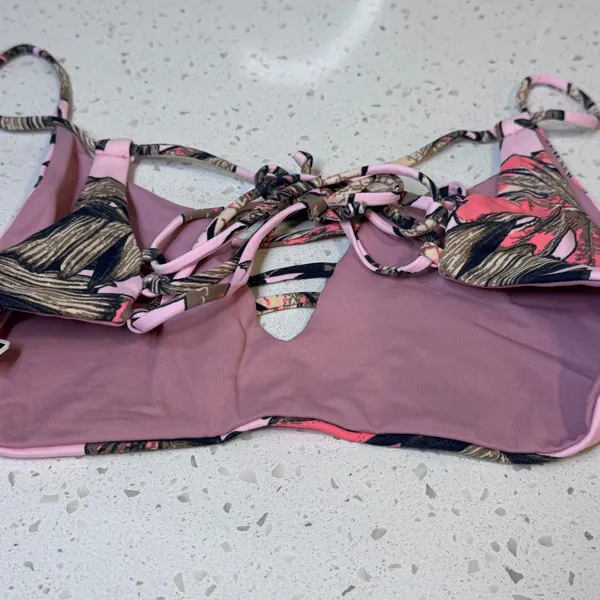 Maaji Pink Tropical Leaf‎ Reversible Lace Up Bralette Bikini Top Large L Womens - Image 5