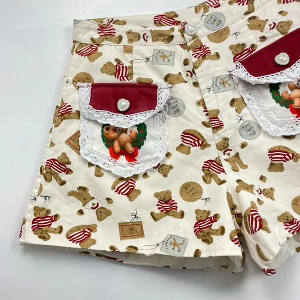 Teddy Bear Print‎ Shorts Christmas Lace Twee High Waisted Women Lace Cream - Image 3