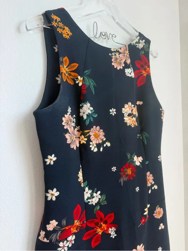 Zara Navy Midi Dress with Red, Pink & Orange Floral Print - Image 2