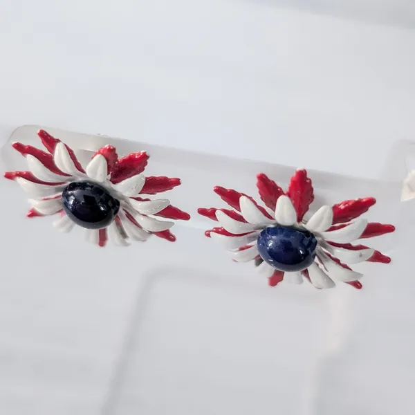 Vintage Clip On Earrings Red, White, Blue Statement Flower - Image 4