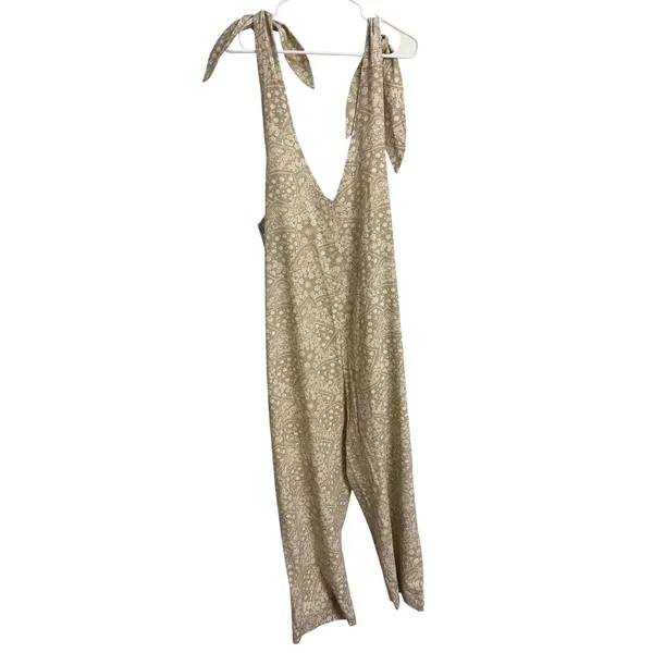Easel Los Angeles Tan Paisley‎ Linen Blend Tie Shoulder Jumpsuit L EB41030 - Image 2