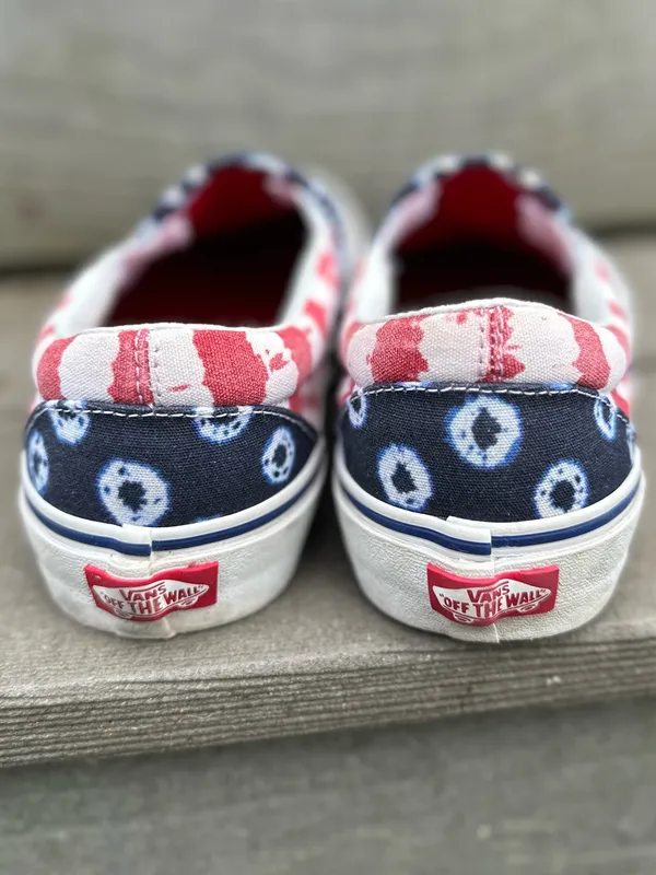 Vans Classic Slip-On Dyed Dots & Stripes Red, White, Blue Skate Shoes - Image 4