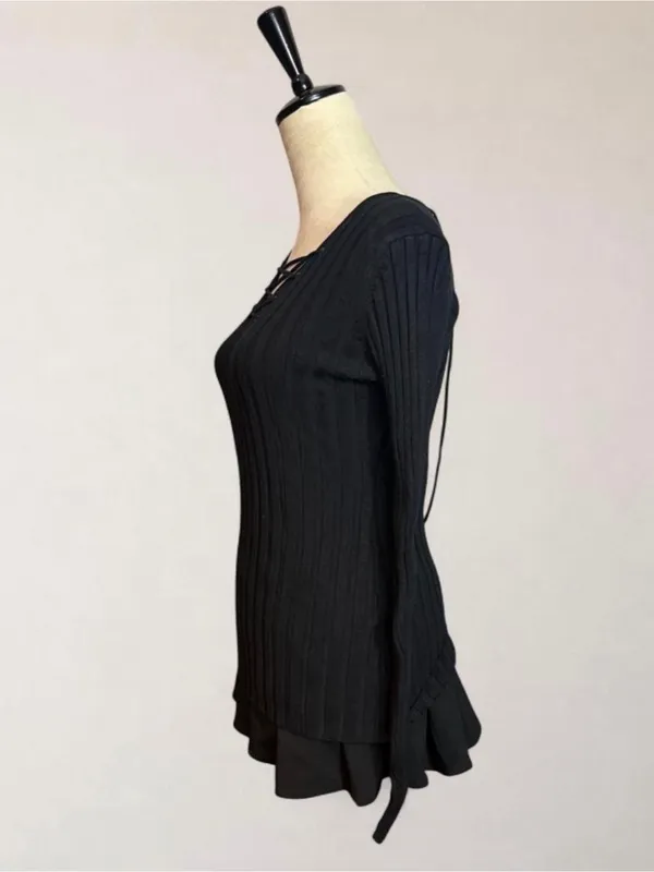 Black Lace Up Ribbed Long Sleeve Top Size L Y2K Whimsigoth Soft Goth - Image 4