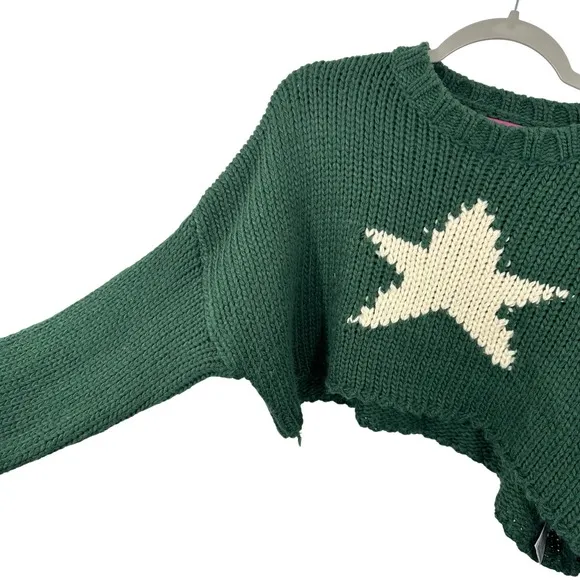 Edikted Green Star Cropped Chunky Knit Sweater Crew Neck Long Sleeve Pullover‎ - Image 2