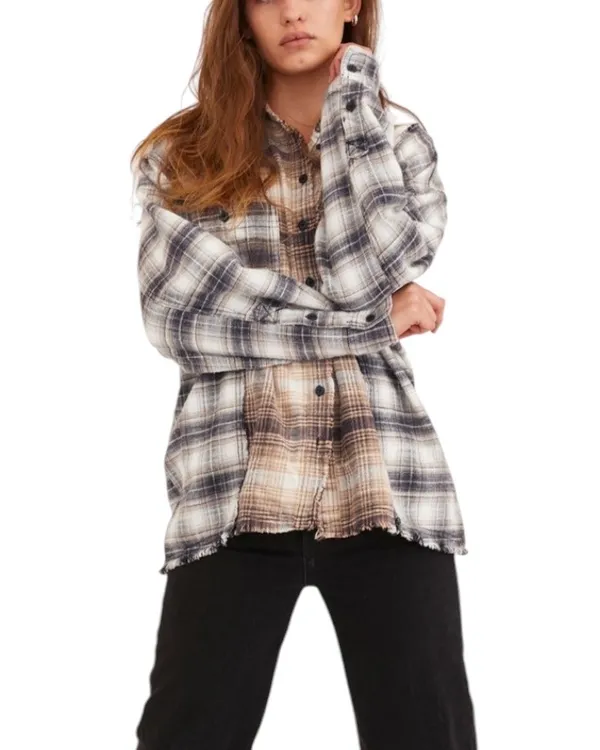 Urban Outfitters Plaid Flannel Shirt Oversized Mixed Media Brown S - Image 2