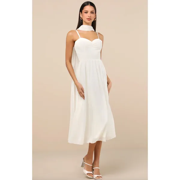 NEW Lulus Irresistibly Darling Ivory Chiffon Midi Dress and Scarf Set Large - Image 2