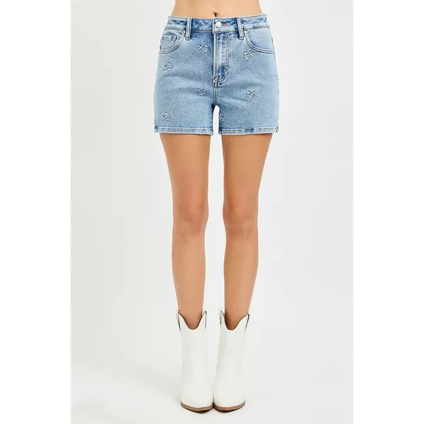 RISEN High Rise Denim Shorts‎ with Embroidered Detail - Medium - Image 5