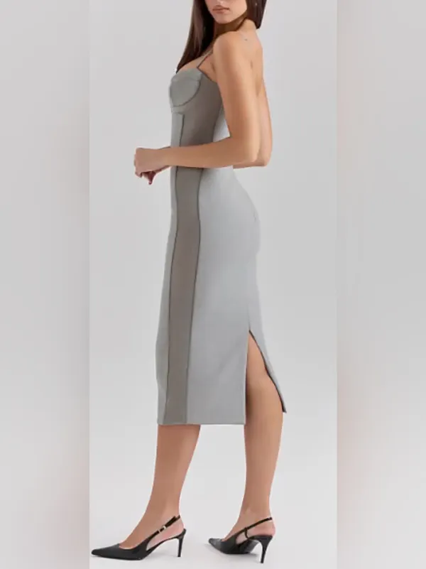 NEW House of CB KIKI Light Grey Mesh Panelled Bodycon Midi Dress sz XS - Image 3