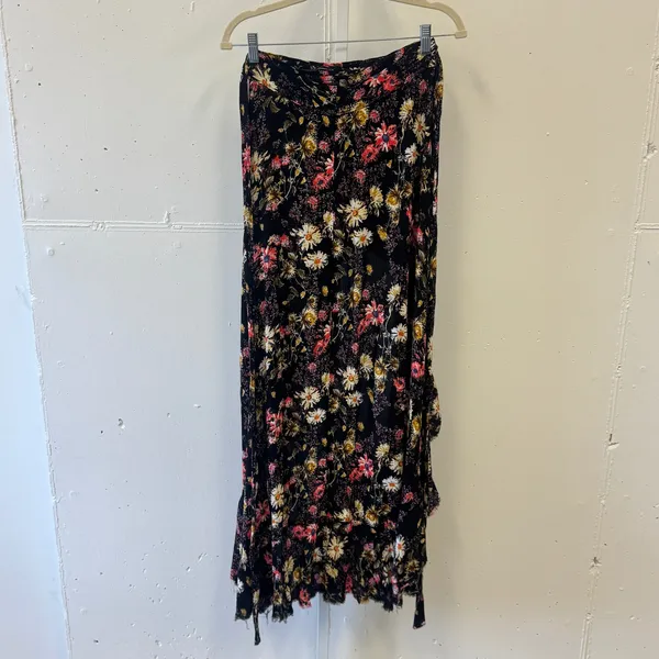 Blue Life Floral Maxi Beach Skirt Black Ruffle High Low Boho Wildflower Rayon Sm - Image 4