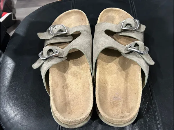 Zara Taupe Suede Double Buckle Slide Sandals - Image 5