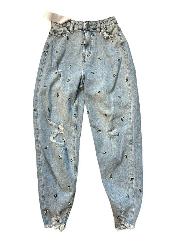 NWT Womens Y2K Retro Sunflower 90s Embroidered Loose Mom Jeans - Sz 0 - Image 2