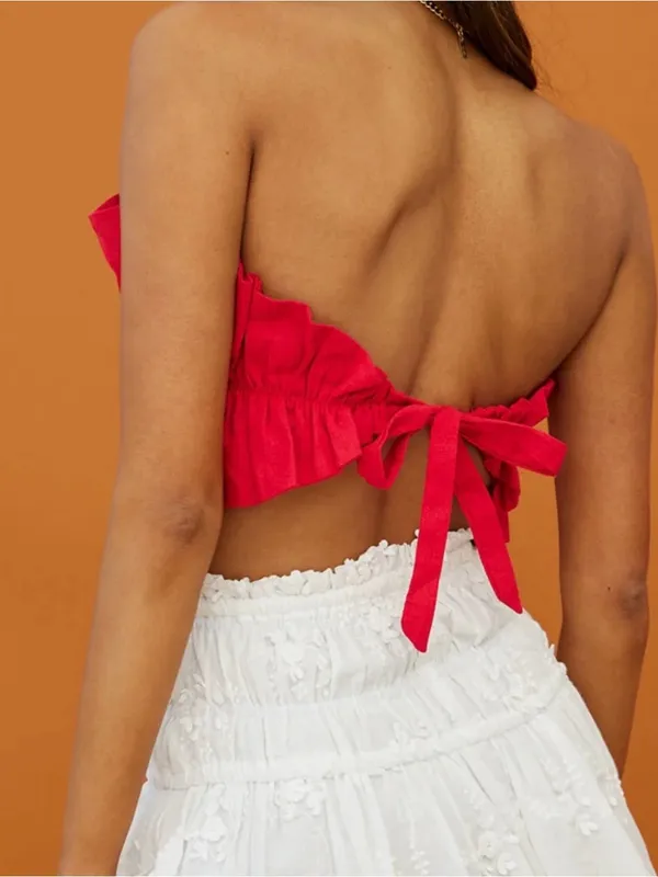 Selfie Leslie Off-Shoulder Ruffle Crop Top in Cream - Image 3