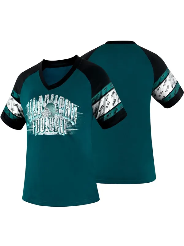 Adult Philadelphia Eagles Teal Football V‑Neck Tee with Black Raglan Sleeves - Image 2