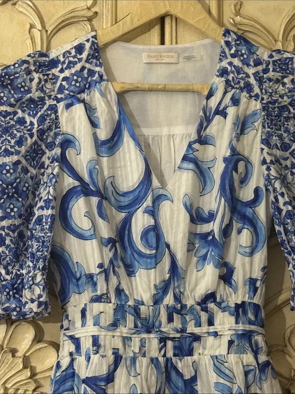 Ramy Brook Womens Susan Blue Printed V-Neck Cotton Mini Dress Size XXS. A-2 - Image 4