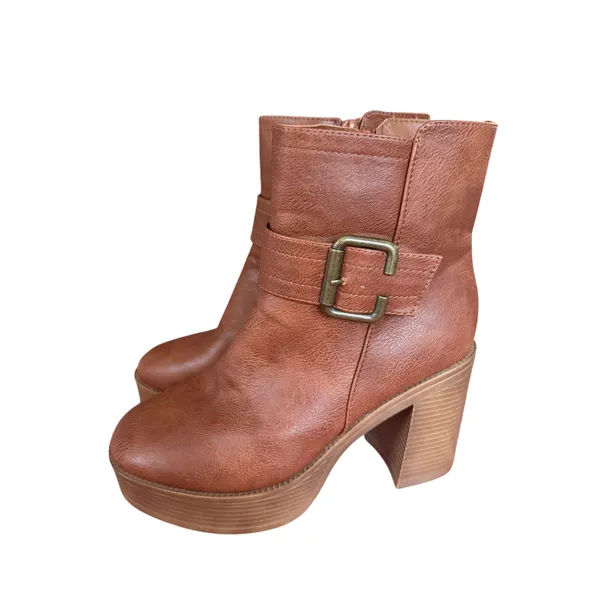 Yoki Brown Chunky Platform Ankle Boots Buckle Block Heel Size 8 - Image 3