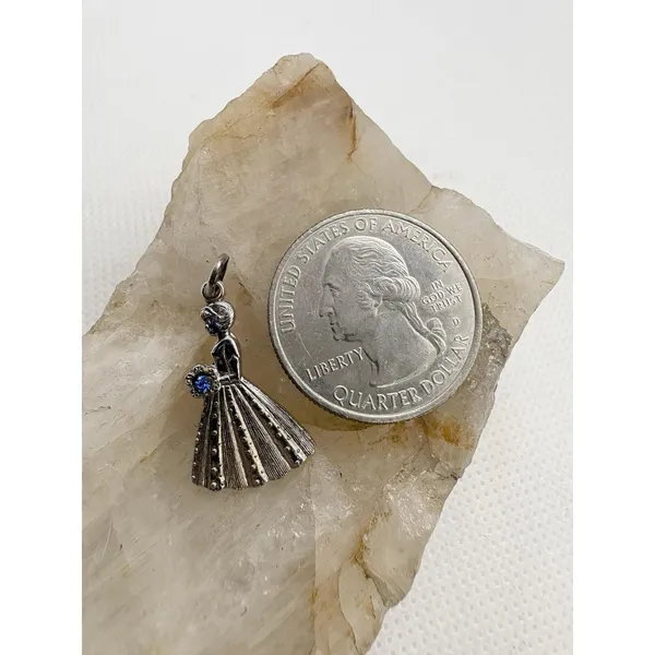 Vintage Sterling Silver Bride Bouquet Charm Blue Glass Stone Dress Pendant 1.8g‎ - Image 2