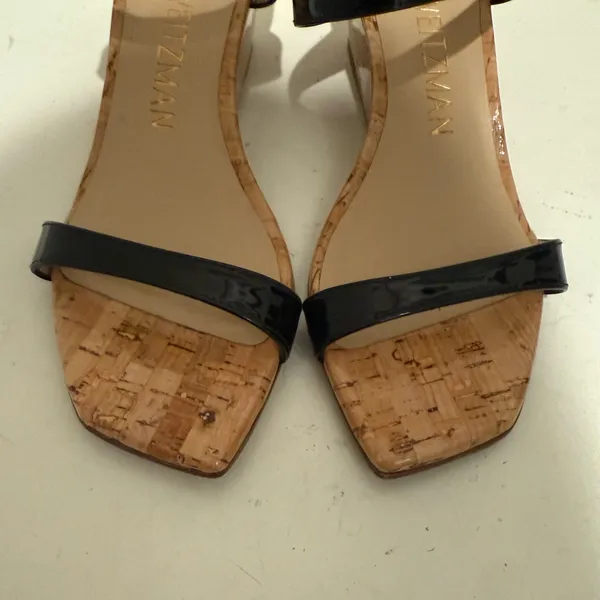 Stuart Weitzman Aleena Wedge Slide Sandal Size 6 Black Patent Cork Wedges - Image 5